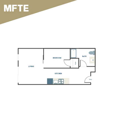 A floor plan of a one bedroom apartment with a kitchen and bathroom.